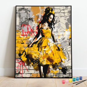 Belle in yellow dress in Banksy's Street Art